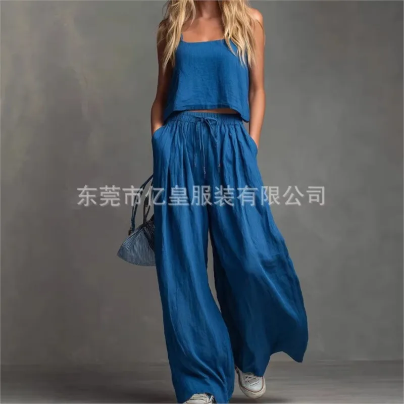 

Cotton Linen Women's Suit Slip Vest Wide-leg Pants Suits Female Fashion Casual 2 Piece Sets Home Casual Clothes Ladies Sets 2026