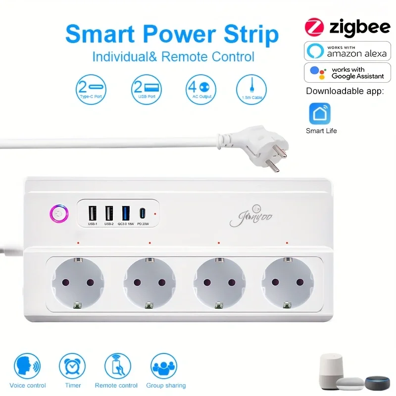 Zigbee version smart power strip with 4 AC sockets and 1 USB-C fast charger (PD 20W)&3 USB-Alexa and Google Home voice controls