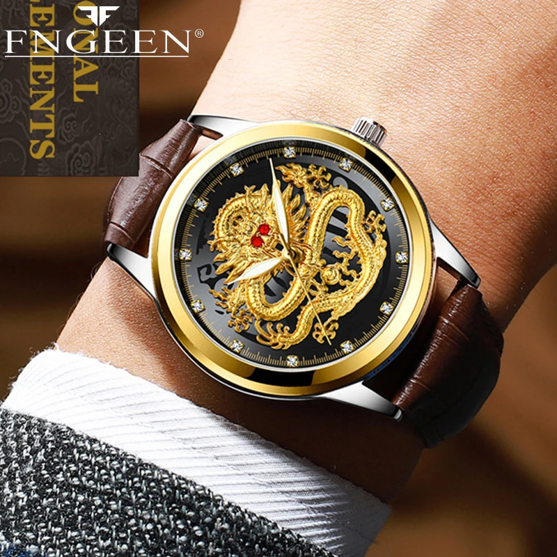 FNGEEN Top Luxury Fashion Ultra-Thin Men Watch Quartz Dragon Pattern Luminous Gold Color Stainless Steel Band Classics Men Watch