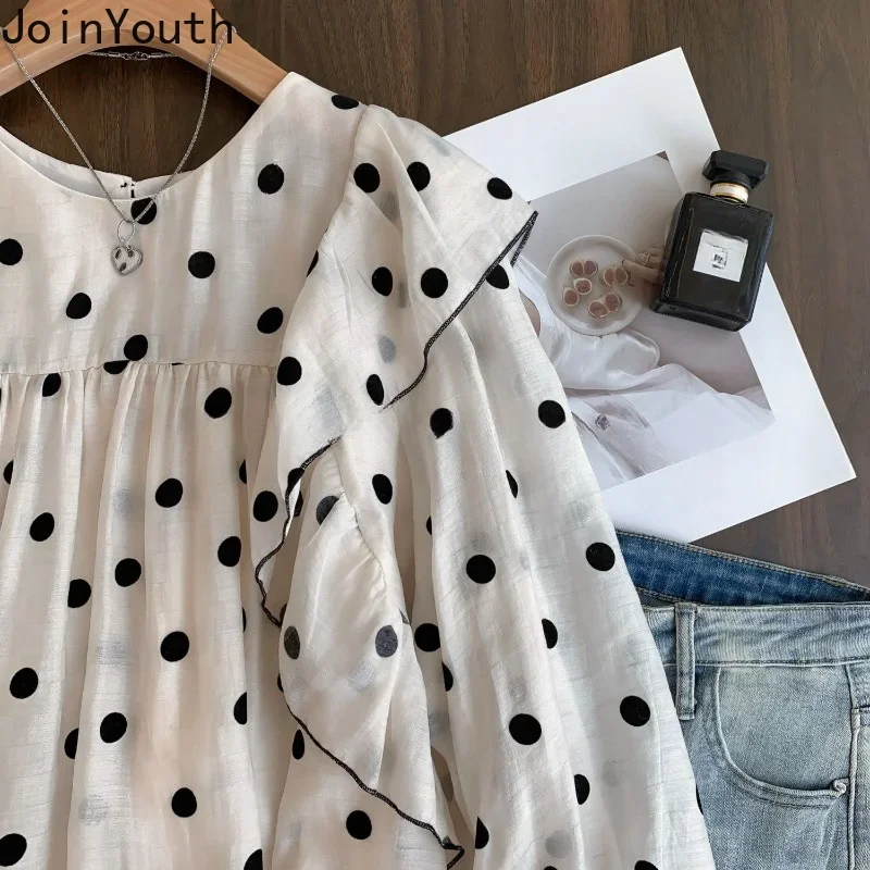 Polka Dot Blouses for Women O-neck Long Sleeve Loose Shirts 2024 Blusas Mujer De Moda Fashion Sweet Ruffles Summer Blouse Tops