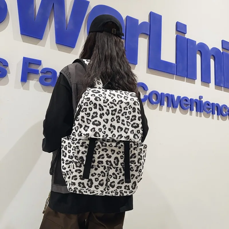 Mochila padrão leopardo para mulheres, saco de nylon, lazer, livro, moda