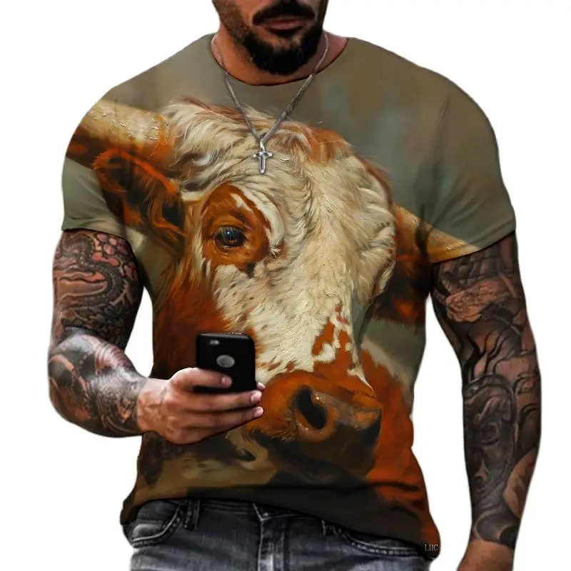 Summer Personality Trend Men's T-shirt 3D Printed Moving Pattern Bull Yak Painted Super Classic Vintage Round Neck Short Sleeve