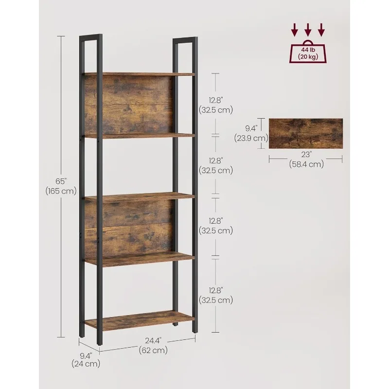 5 Shelf Bookcase, Bookcase with Steel Shelves for Living Room, Home Office, Bedroom, Rustic Brown and Black