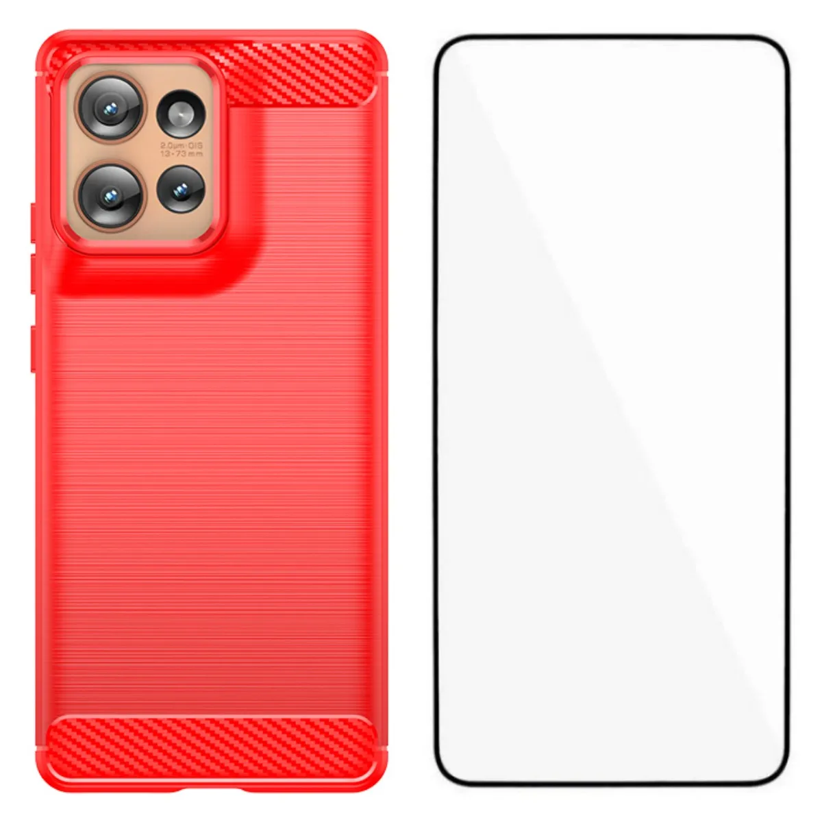 

For Motorola Edge 50 5G Case with Screen Film WANLONFENG LS Series Big Lens Hole Brushed Texture TPU Phone Cover - Red