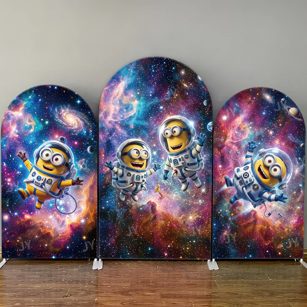 

Minions Arch Backdrop Cover Outer Space Astronaut Themed Decoration for Kids Happy Birthday Party Photo Booth Backdrop