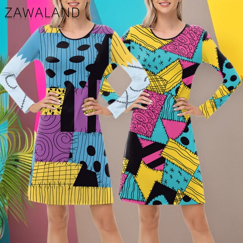 

Woman Adult Sally Cosplay Costume Halloween Party Long Sleeve Dresses Colorful Printing Art Dresses Carnival Performance Outfits