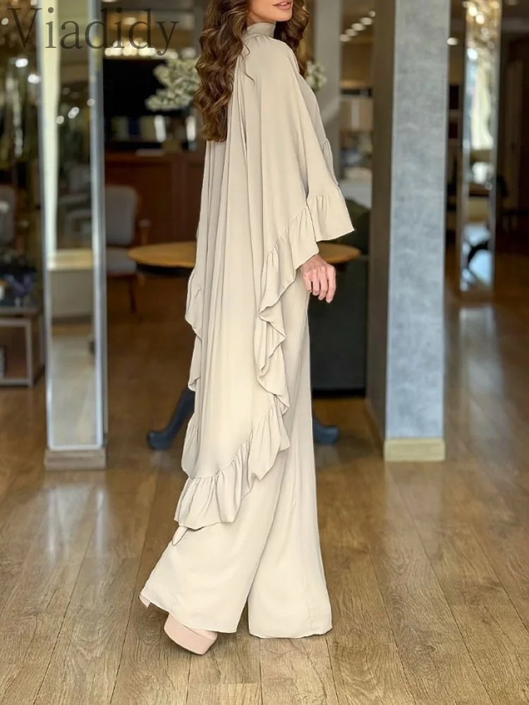 

Women's 2 Pieces Outfit High Neck Hollow-out Back Ruffles High-Low Hem Cape and Casual Elastic Back Waist Wide Leg Pants Set