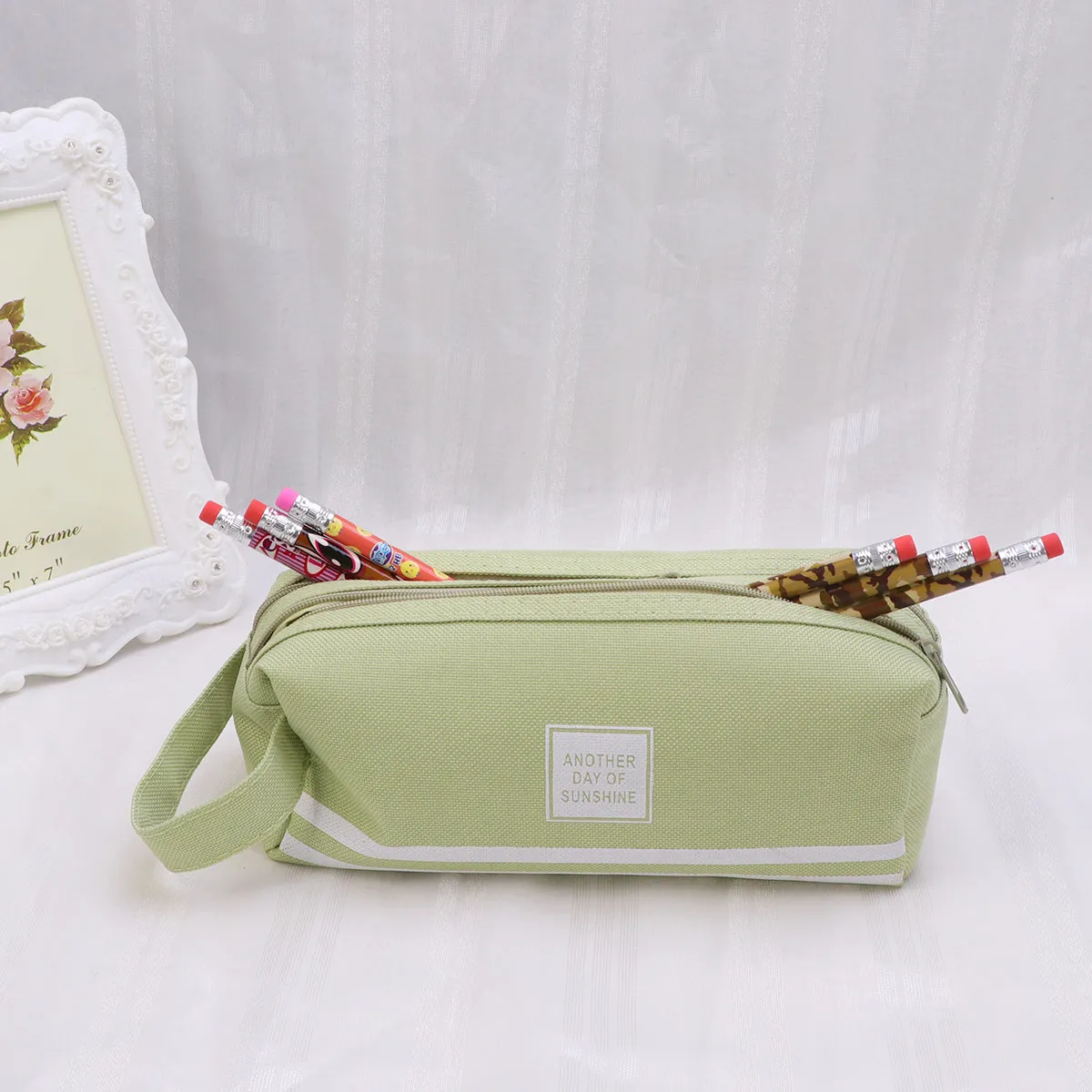 Double Layer Pencil Bag Large Capacity Canvas Pencil Case Portable Cosmetics Zipper Pouch Green Durable Eco Friendly