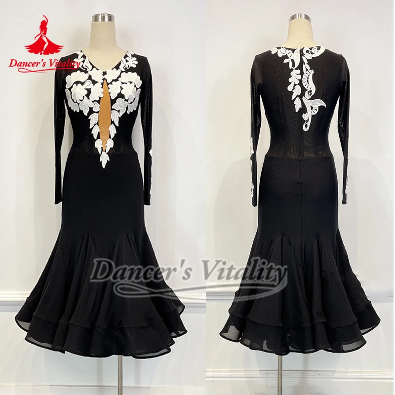 فستان نسائي من Foxtrot Waltz Tango للتدريب على الأداء والممارسة ملابس مخصصة لحيوية الراقصة باللون الأسود للرقص الاجتماعي ملفوفة على الورك
