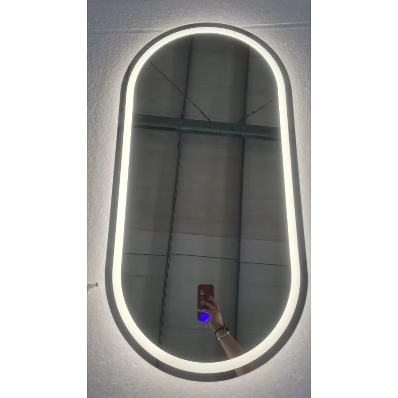 60x100cm Oval LED Fog Free Glass Lens Bathroom Mirror Smart Backlight Three Color Dimmable Vanity Mirror for Luxury Hotels