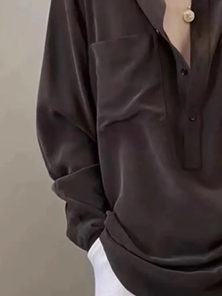 

Loose Long Sve Coffee Color Women's irt Spring Autumn Lazy Artistic Simple Retro Unique Top Relaxing Sle Casual Wear