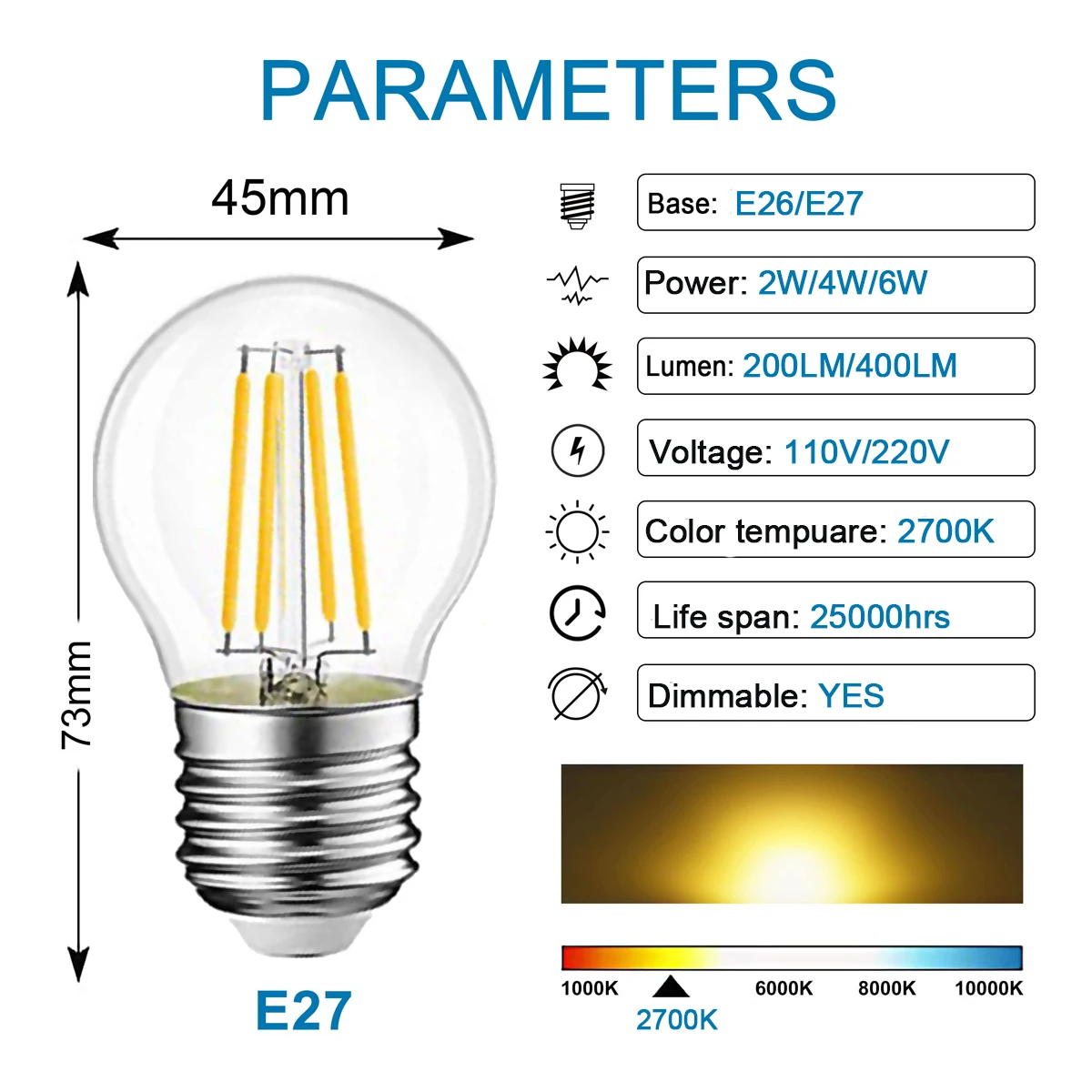 Retro Edison LED Globe Light Bulb G45 2W 4W 6W E27 2700K 6000K Led Filament Bulb 110V for Garden String Pendant Light Decoration