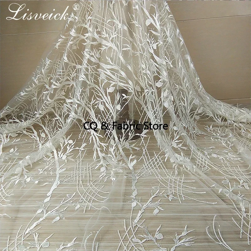 

Высокое качество винтажная белая ветка с блестками вышивка французская кружевная ткань сетка тюль кружевная ткань для свадьбы нигерийское вечернее платье