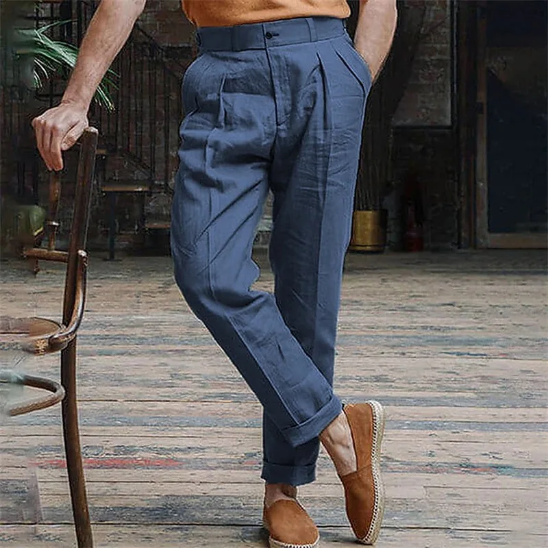 

Men's Formal Solid Color Simple Classic Basic Casual Trendy Daily Linen Trousers Male Fashion Slim Pencil Pants Bottom Clothes