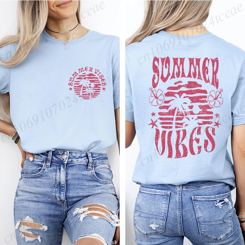 Trendiges Sommer-Vibes-Shirt, Beach-Vibes-T-Shirt, Urlaubs-T-Shirts für Damen, Vintage-T-Shirts, kurzärmliges T-Shirt, lässige Sommer-Tops – Detail 3