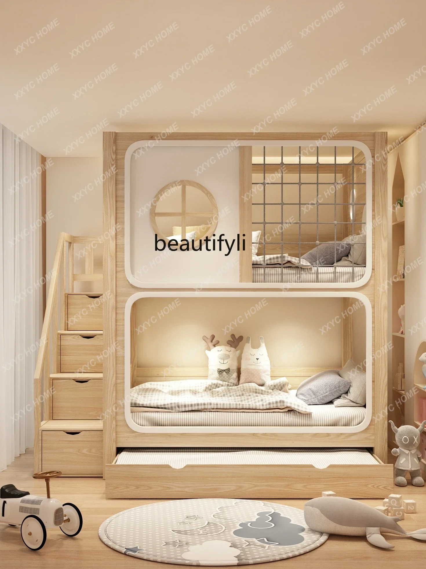 سرير حديث بطابقين من الخشب الصلب بالزيت والشمع العلوي والسفلي بطابقين للفتيات الأميرة سرير قابل لضبط الارتفاع #5