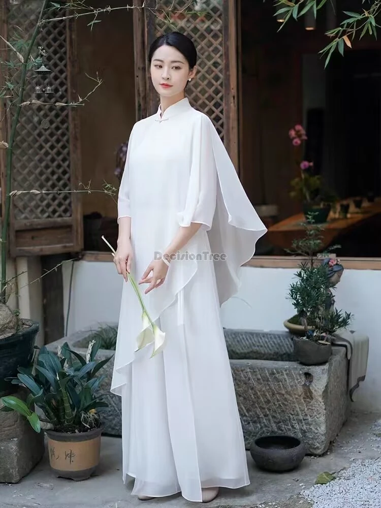 2024 chinese style zen tea fairy chiffon qipao vintage literature art casual daily qipao set classical gentle temperament dress