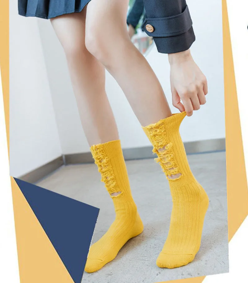 Women's Gothic Cotton Socks Broken Hole Beggar Ripped Medium Tube Socks Breathable Stacked Socks Streetwear Hip-hop Pile Socks