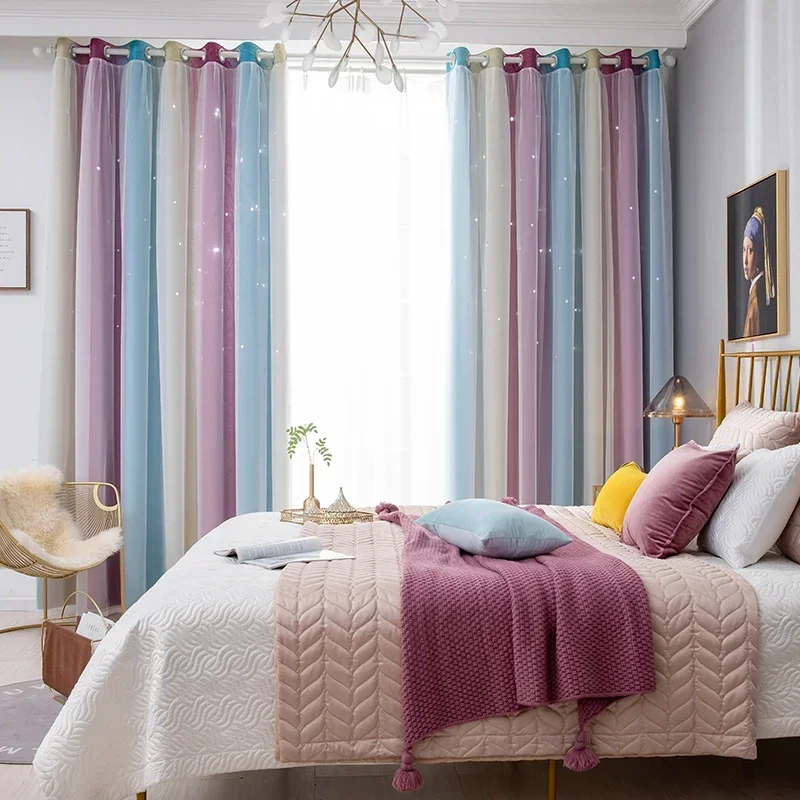 

Rainbow Hollow-Out Star Blackout Curtains for Girl Kid Nursery Bedroom and Living Room Double Layer Window Cute Grommet Curtains