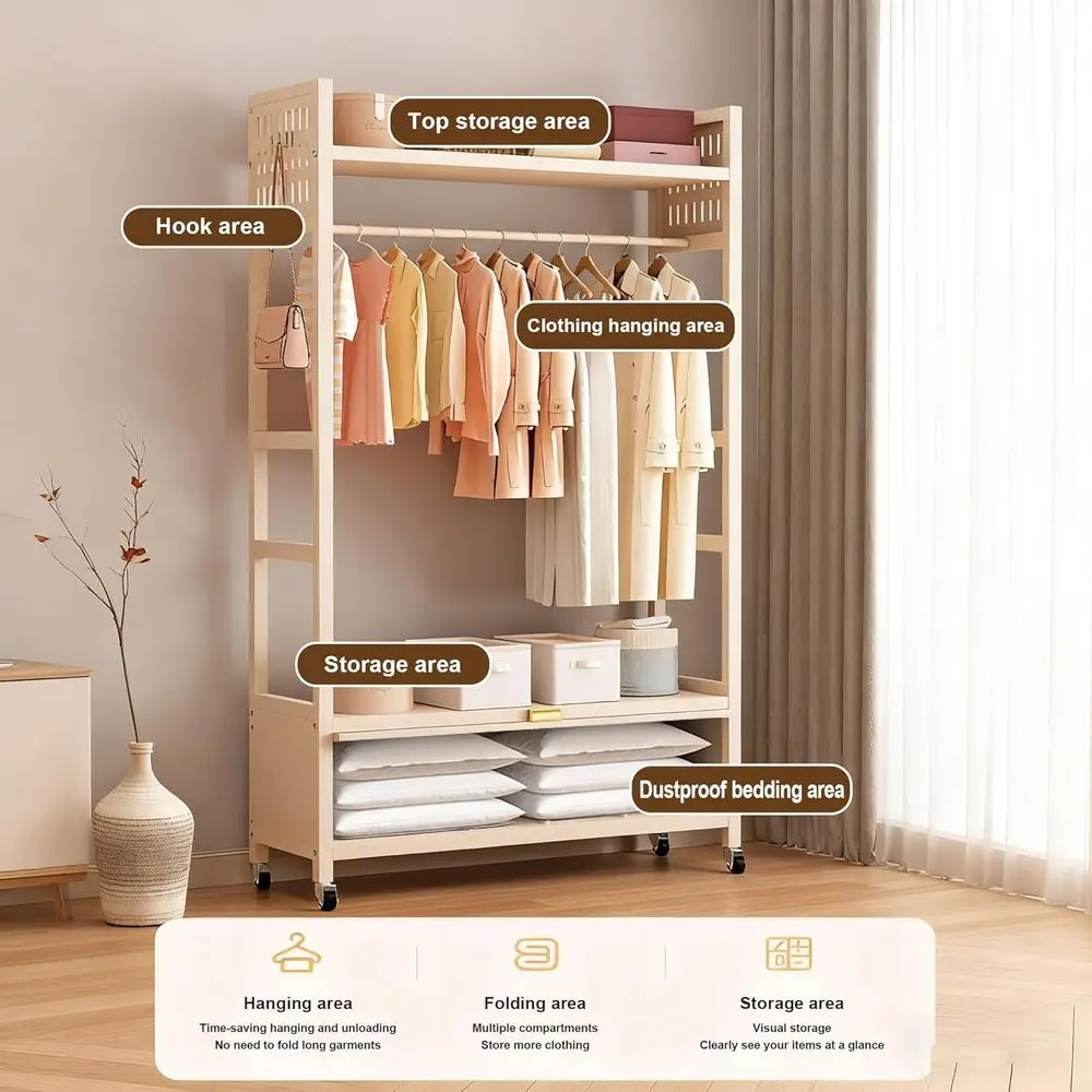 Perchero rodante portátil para ropa con 4 ganchos, 100CM blanco, organizador de guardarropa independiente para almacenamiento en el hogar