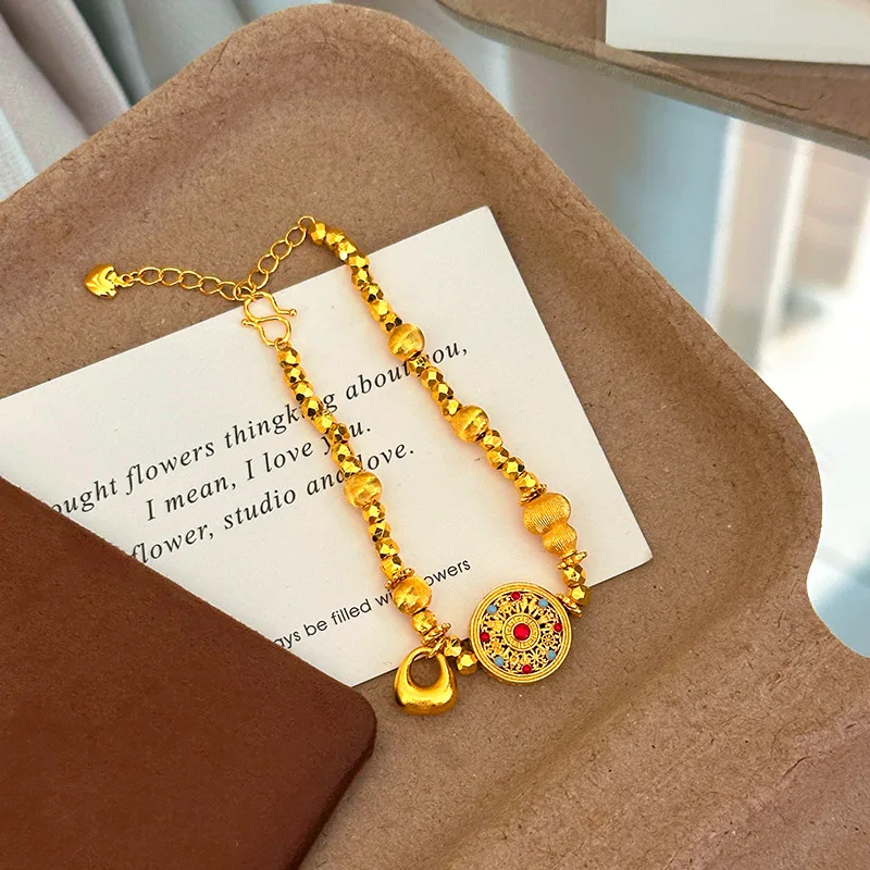 luxury 9999 24K real gold enamel eight-treasure compass gold tuotuo brushed gourd wrapped bracelet for women as a gift