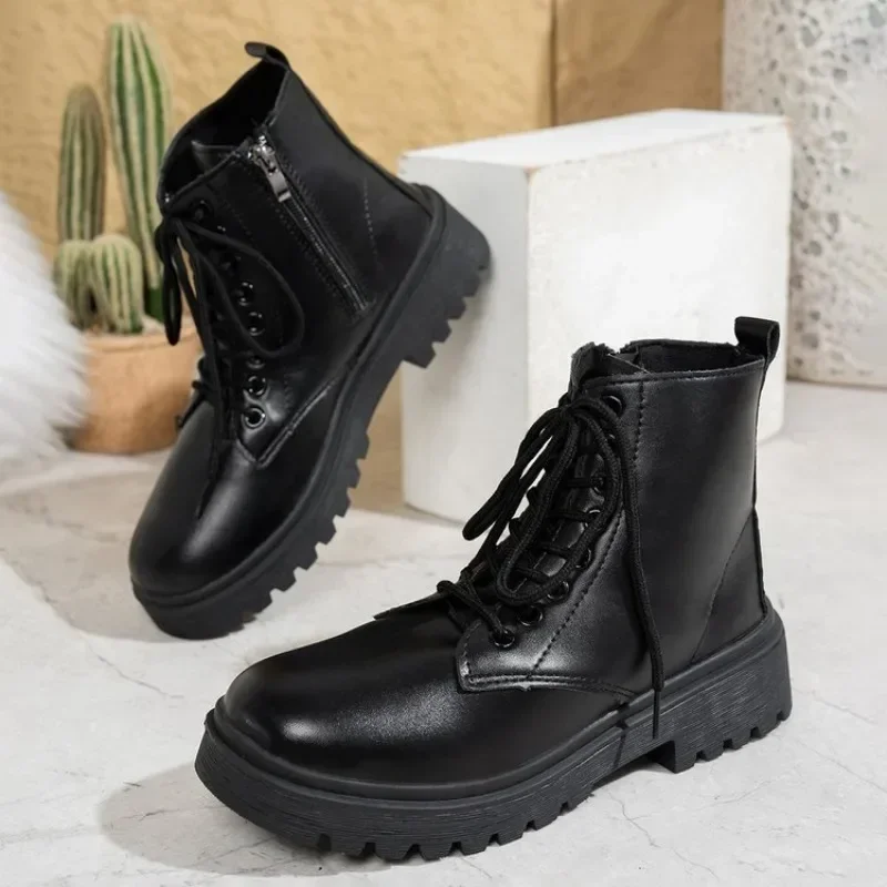 New Platform Shoes Women Boots Round Toe Zipper Spring Autumn Fashion Ankle Female Black Lace-up Boots for Women Shoes Large Siz