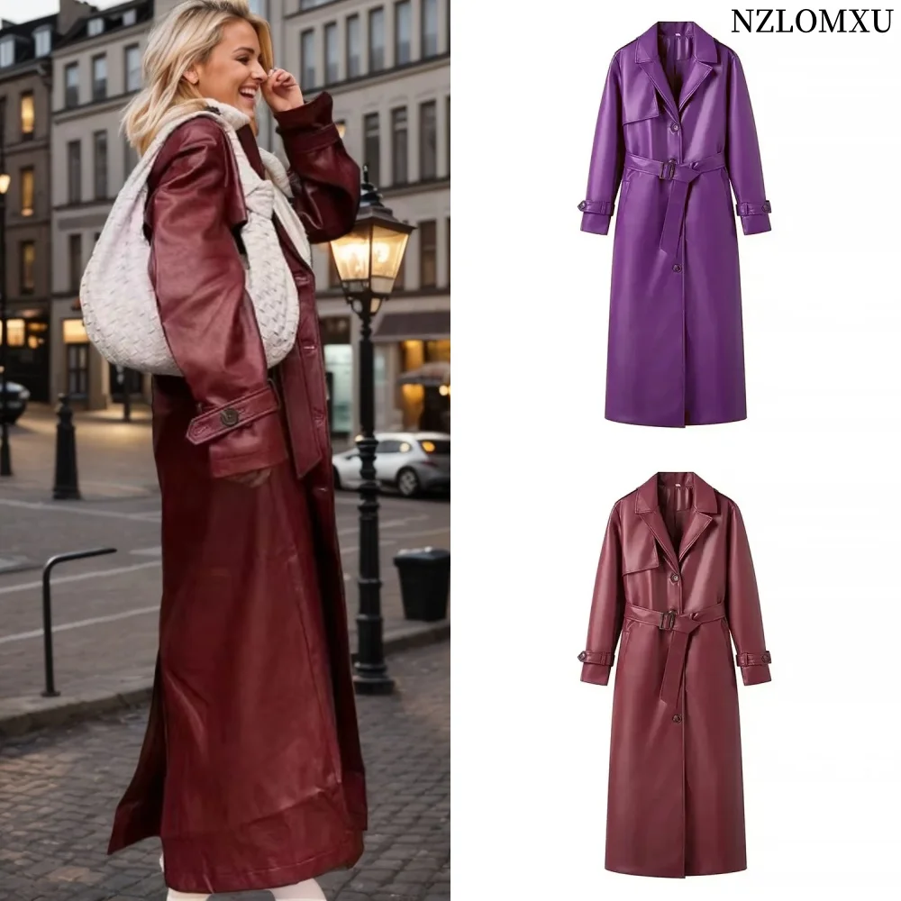 2024 Women New Fashion with Belt Long Style Single Breasted Faux Leather Coat Vintage Long Sleeve Pockets Female Outerwear