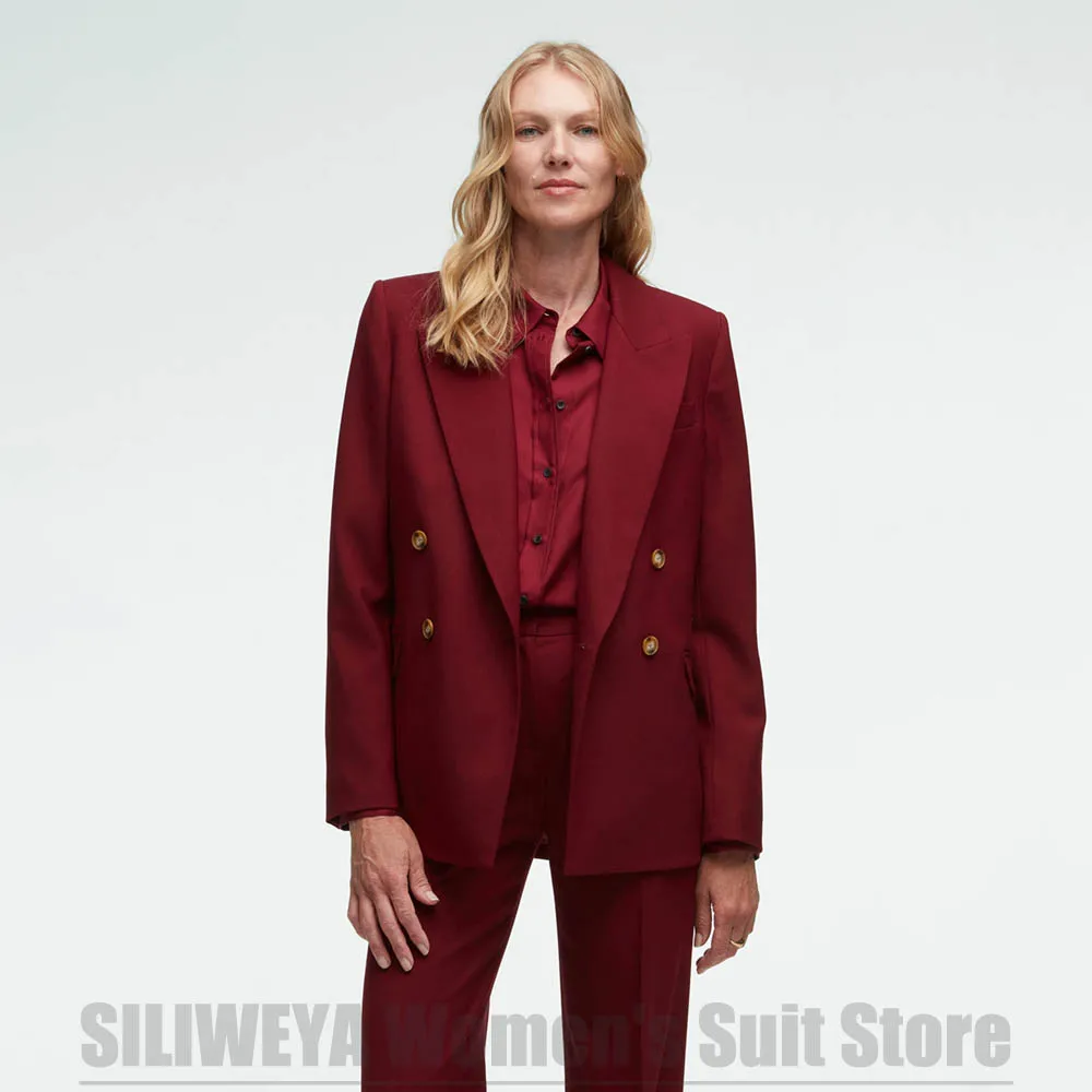 

Women's Suit 2 Piece Burgundy Peak Lapel Double Breasted Blazer and Pants Set Fashion Formal Party Daily Casual Ladies Suits