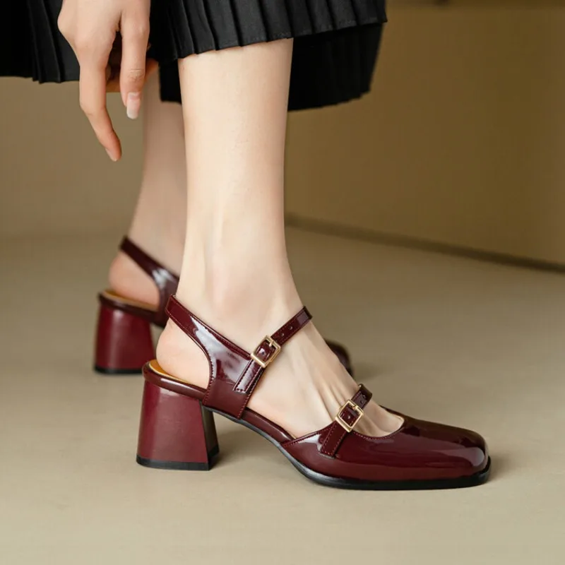 Design Girls French Female Sandals Toe Block Heels 6cm Buckle Strap Elegant Dating Women Dress Shoes Size 45 46