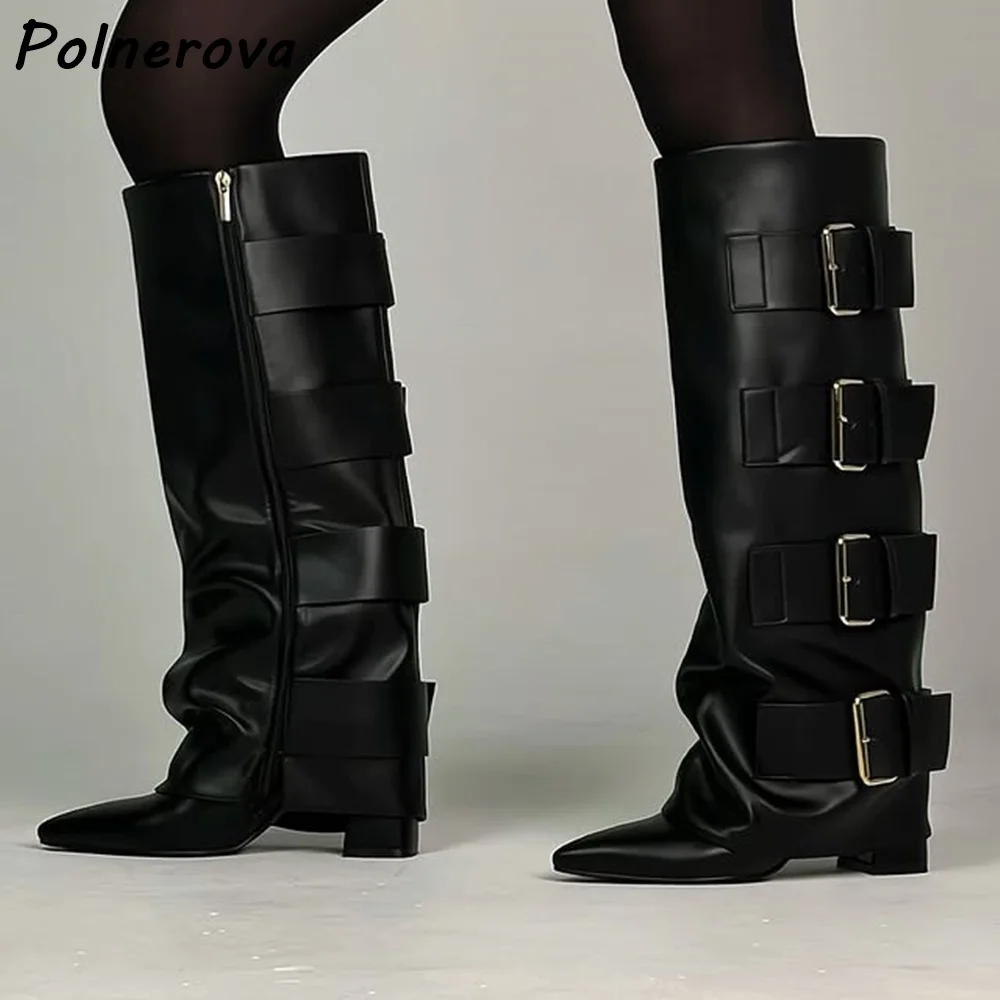 Multi Buckle Black Boots Pointy Toe Chunky Heels Zipper Pleated Turn Over Edges Knee High Boots Women's Fashion Concise Shoes