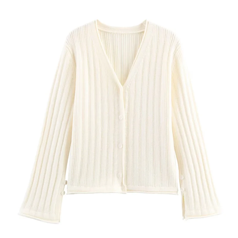 Cappotto da donna Nuovo stile per l'autunno 2025 Giacca cardigan in maglia semplice con maniche svasate tinta unita Moda casual