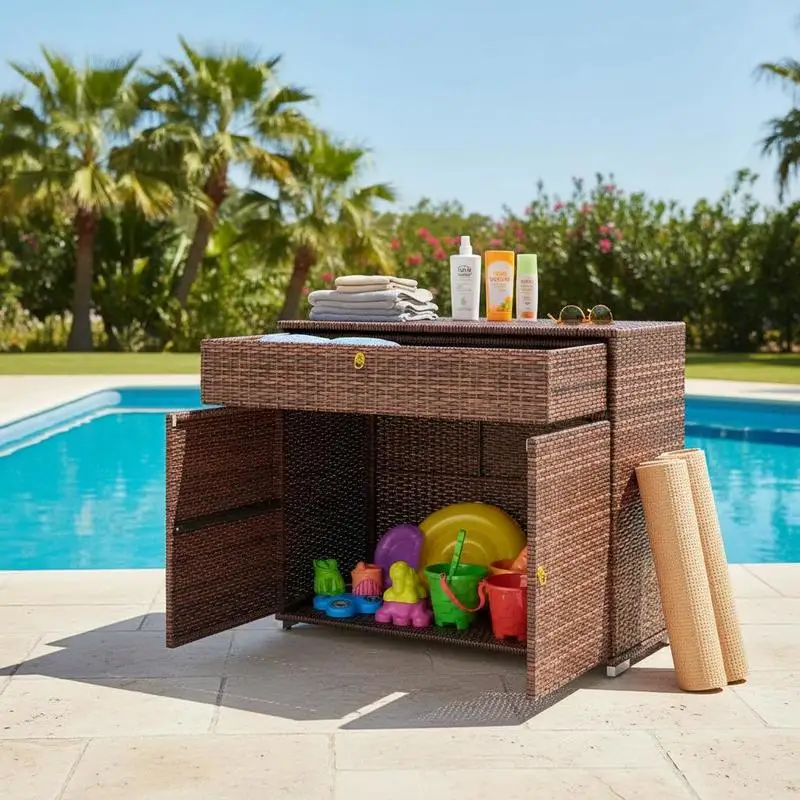 

Outdoor Storage Cabinet, Waterproof PE Rattan Cabinet with Drawer for Indoor, Outdoor Swimming Pool, Mixed Brown