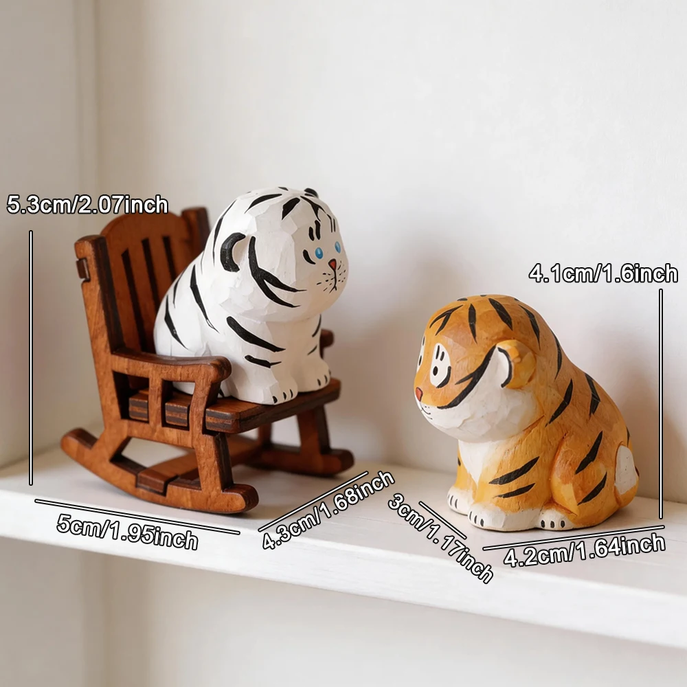 Cute Handmade Decorative Wooden Tiger Figurine Mini Animal Ornament Statue Carving Home Room Desktop Accessories Decor Gift view 5