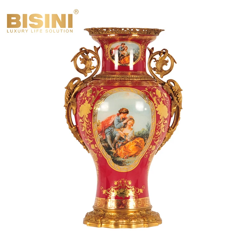 Accessories Entrance Exquisite Ornament Living Room Luxurious Red Pure Copper Border Decoration with Colorful Glass Vase