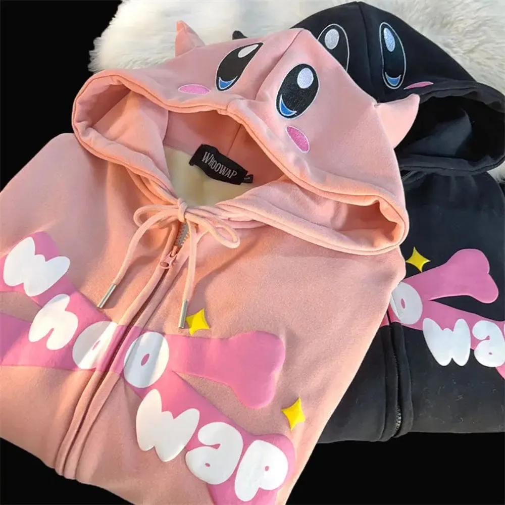 

American retro Harajuku letter print hoodie anime skeleton hands big eyes cute zipper cardigan hoodie loose cardigan women's top