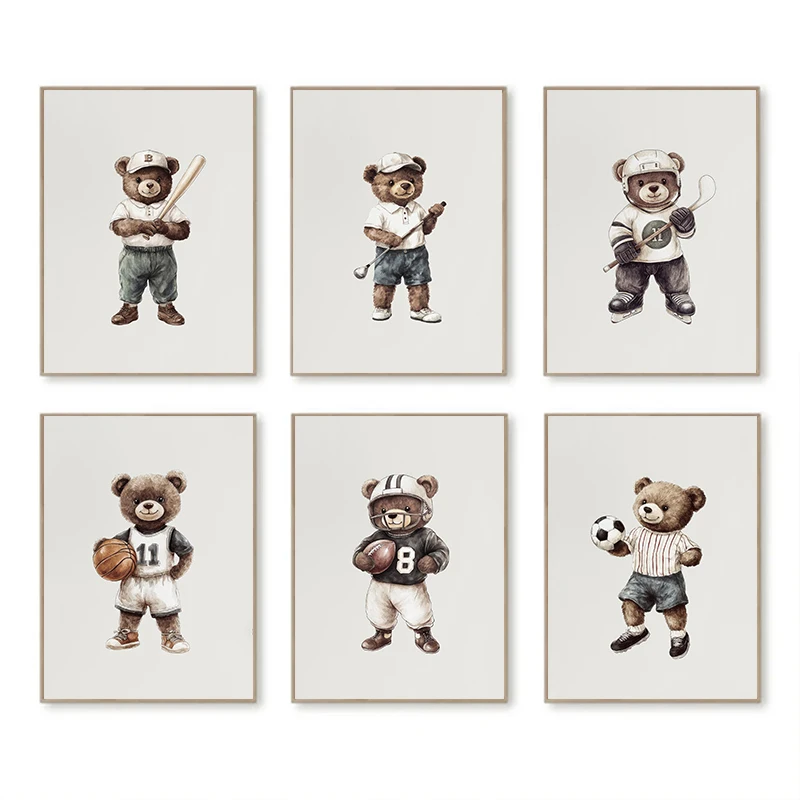 Vintage Teddy Bear Sport Watercolor Posters Basketball Hockey Soccer Canvas Printing Wall Art Picture for Living Room Home