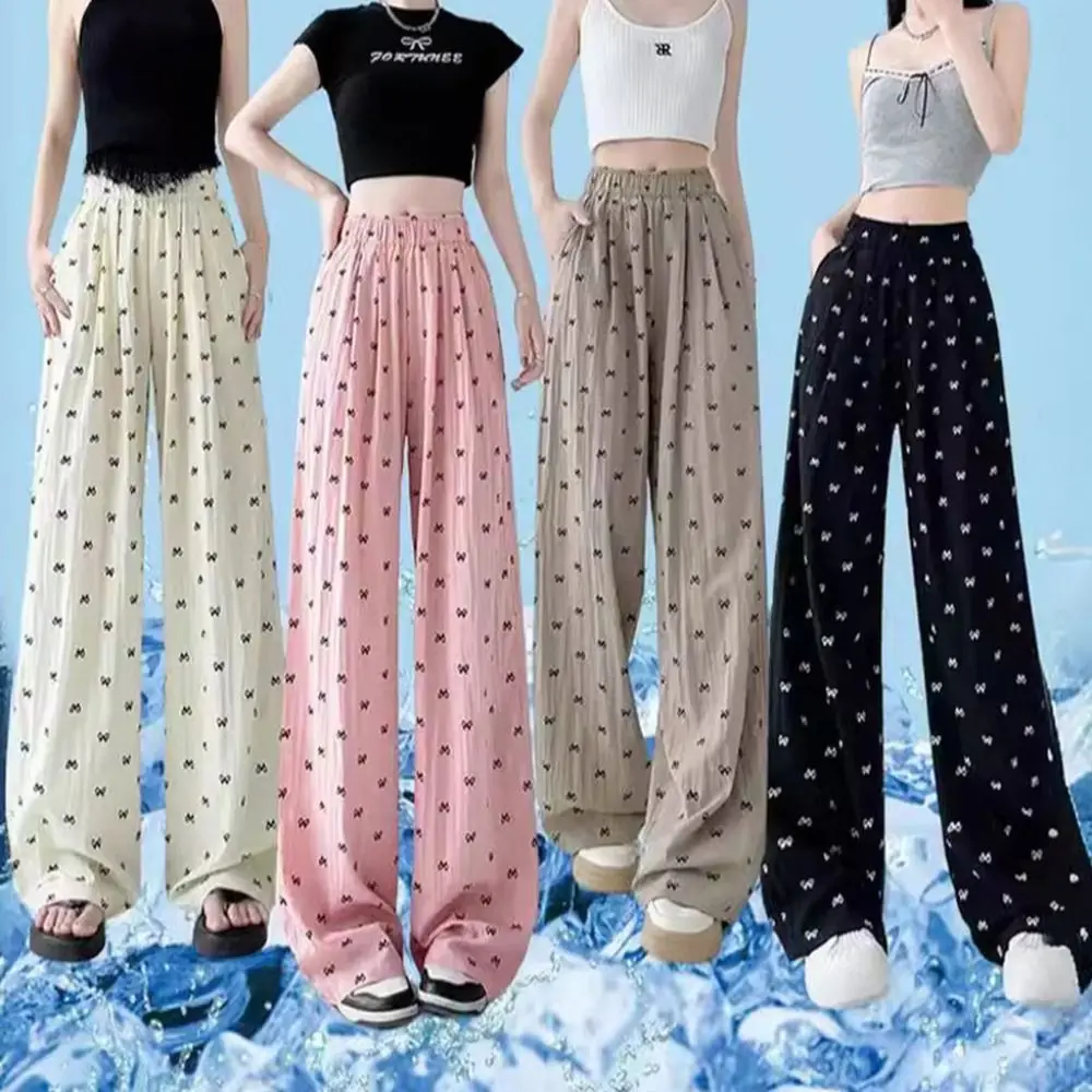 

Cool Bowknot Ice Silk Pants High Waist Loose Wide Leg Summer Quick Drying Summer Pants Women Girl