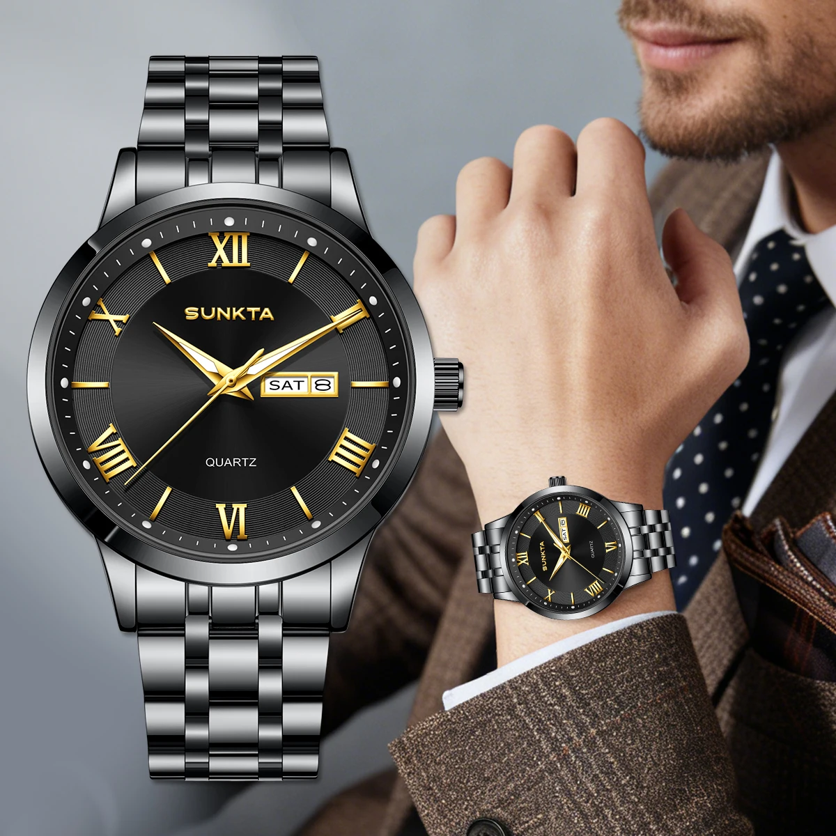 

SUNKTA Top brand luxury watches mens quartz clock luminous fashion male watch week calendar mens wristwatch montres hommes+BOX