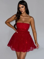 Mozision Mesh Strapless Sparkle Sexy Mini Dress For Women Fashion Backless Bow Pleated Dresses Femme Club Party Dress Elegant