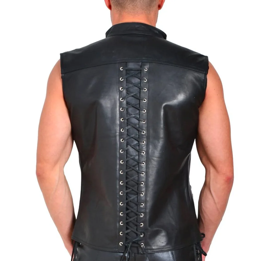 Men\'s Punk Style Leather Vests With Bandage Fashion Club Stage Wear Waistcoat Skinny PU Sleeveless Jacket For Male Size M-4XL