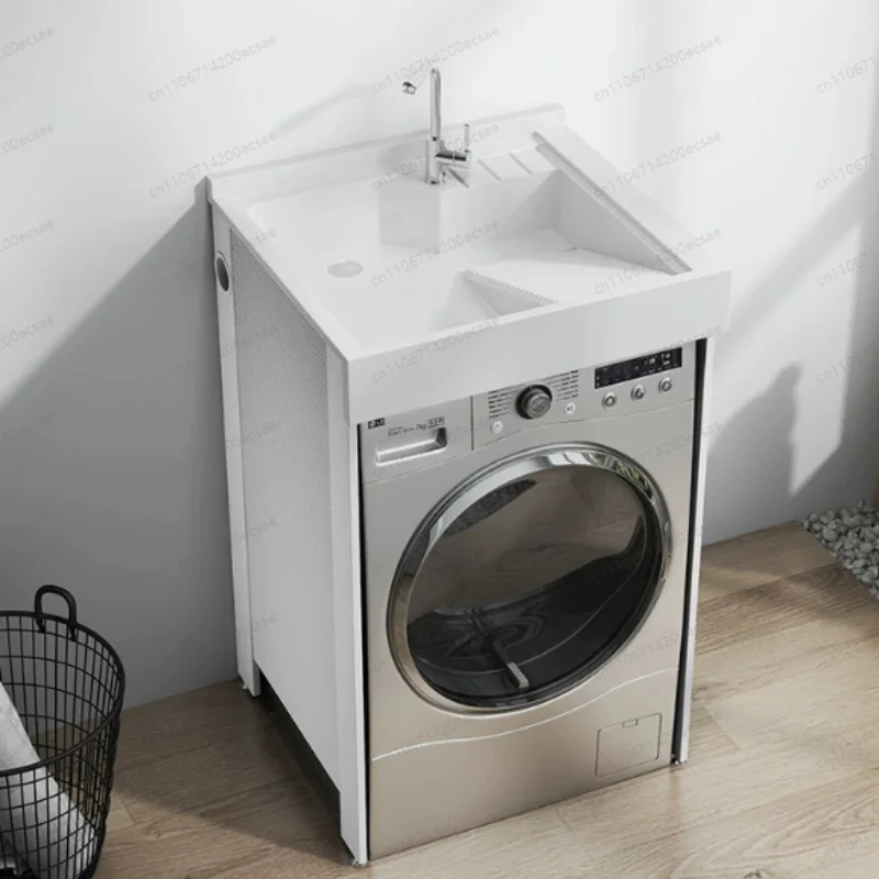 Small apartment balcony laundry cabinet integrated basin laundry pool trough with washboard, drum washing machine cabinet