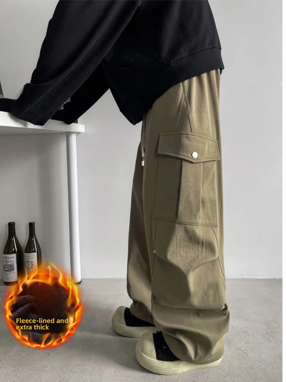 

American Military een Fce Lined Work Trousers Men's Autumn Winter Loose Fit Wide Leg Functionali Paratrooper Pants