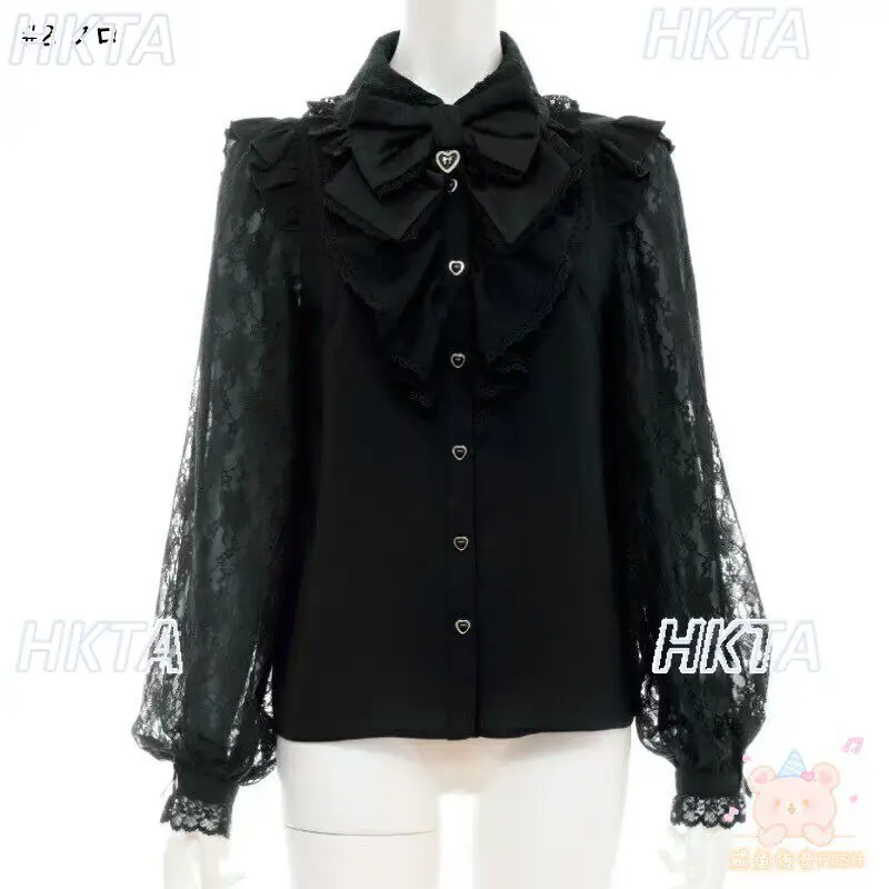 

SC Japanese Lace Sleeve Shirt Sweet Bow Heart Mass-produced Lolita Lace Black White Shirts Women New Spring/summer Blouse Blusas