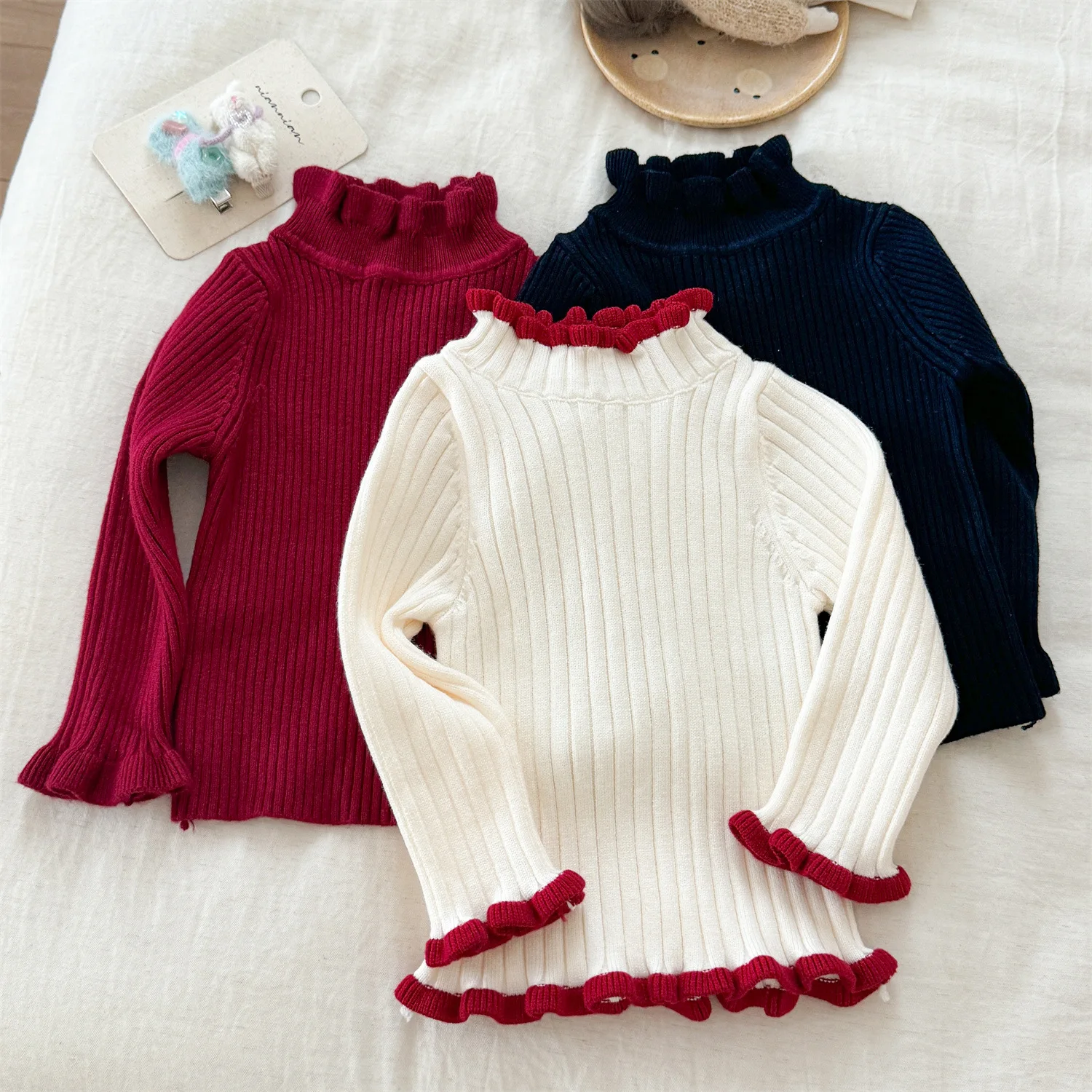 Cute Girls' Sweater Autumn/Winter New Baby Girls' Red Knitted Bottom Shirt Children's Top for Kids