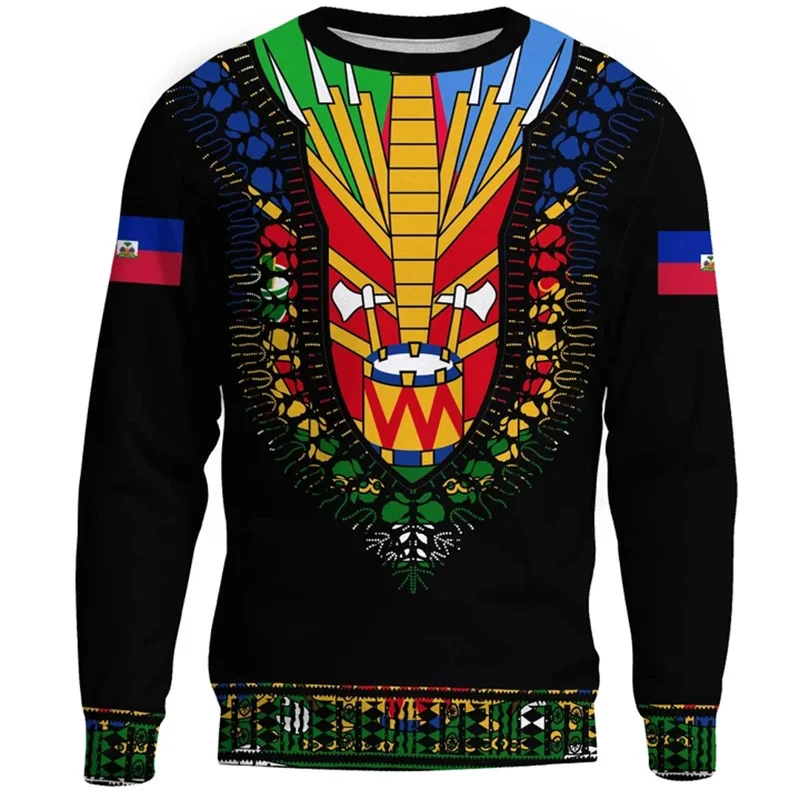 Vintage 3D Haiti Tribal Flag Printing Sweatshirts Haiti Coat Of Arms Graphic Round Neck Hoodie Fashion Streetwear Mens Clothing