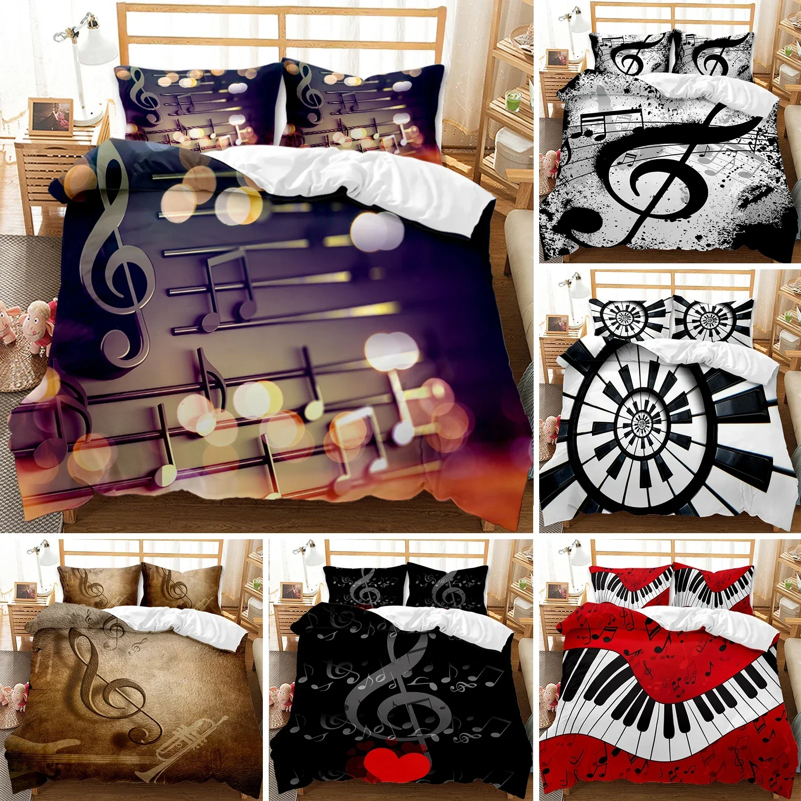 Music Duvet Cover Set,Music with G-Clef Key Instrument Rhythmic Design Queen King Twin Full Size 2/3pcs Polyester Bedding Set