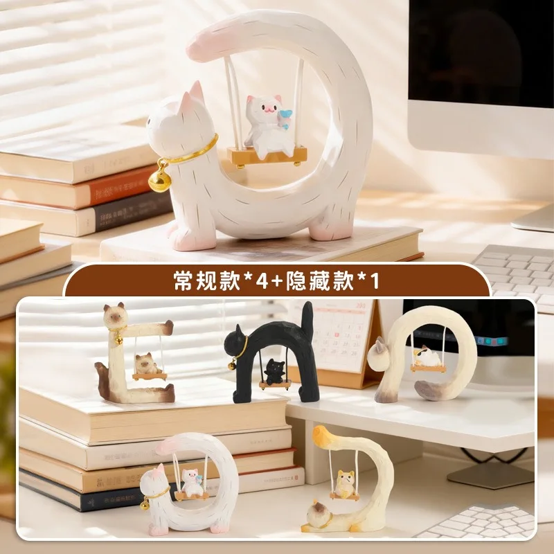Niedliche Holzschaukel-Katzenfigur Blind Box Trendiges Spielzeug Cartoon-Katze Schreibtisch-Dekoration Kreatives Geschenk