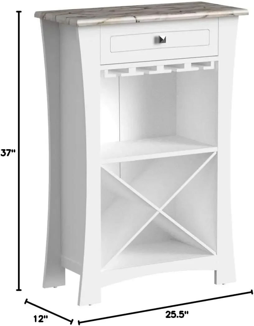 Bar Cabinet Wine Storage With Glass Holders & Drawer, White