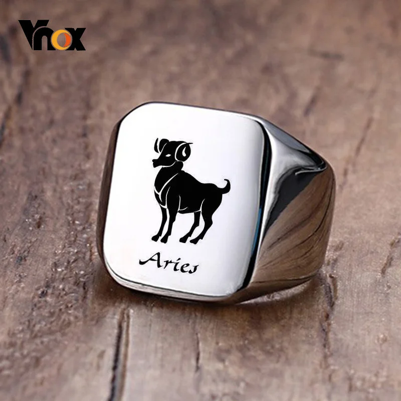 Vnox 18mm Signet Ring For Men Women, The Zodiac 12 Horoscope Constellation Sign Finger Band, Stainless Steel Aries Punk Ring