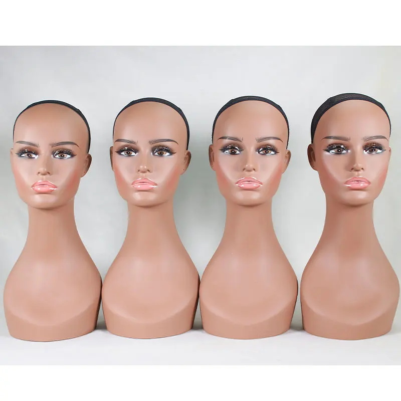 Cabeza de maniquí femenino realista, cabeza de PVC de cuello largo, busto de peluca, modelo de soporte de cabeza con maquillaje, pelucas, sombreros, gafas de sol, collar